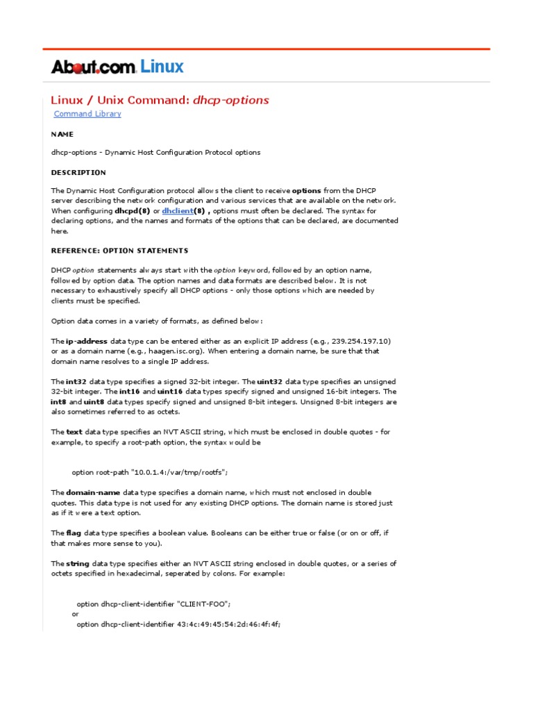 Linux: Linux / Unix Command: Dhcp-Options | PDF | Ip Address | Data Type