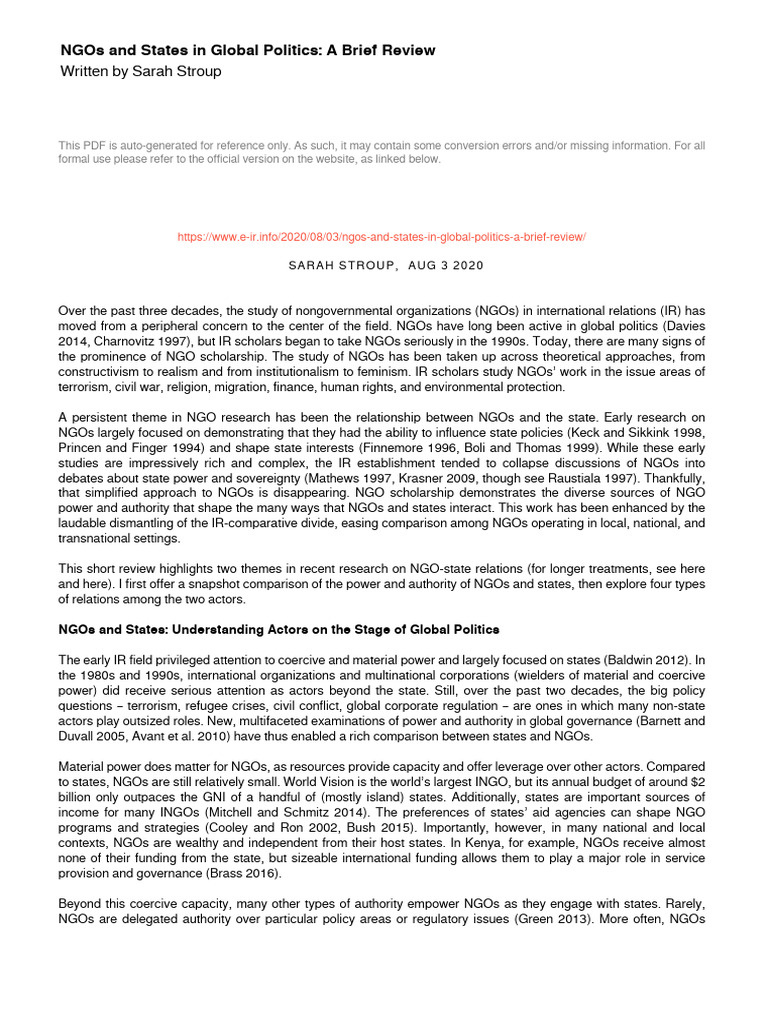 NGO-State Relations in Global Politics | PDF | Non Governmental ...