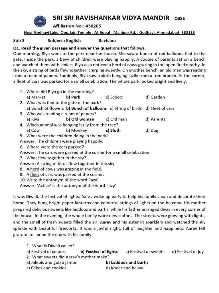 STD 3 English Gra Revision ANS | PDF | Grammatical Gender | Plural