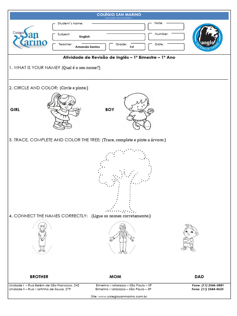 Atividades de Revisão de Inglês 1º Ano | PDF