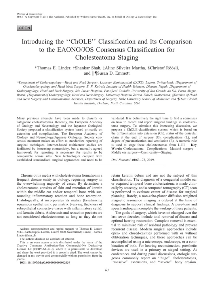 ChOLE Classification for Cholesteatoma Staging | PDF | Human Anatomy ...