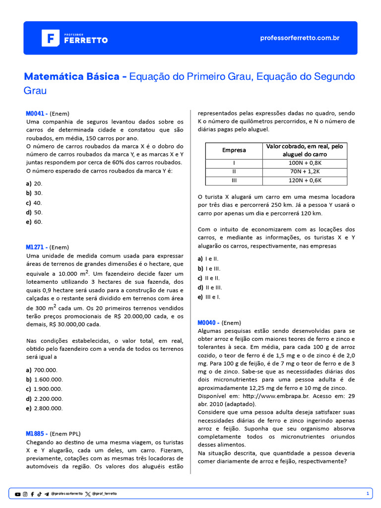 Questões de Matemática Básica para ENEM | PDF