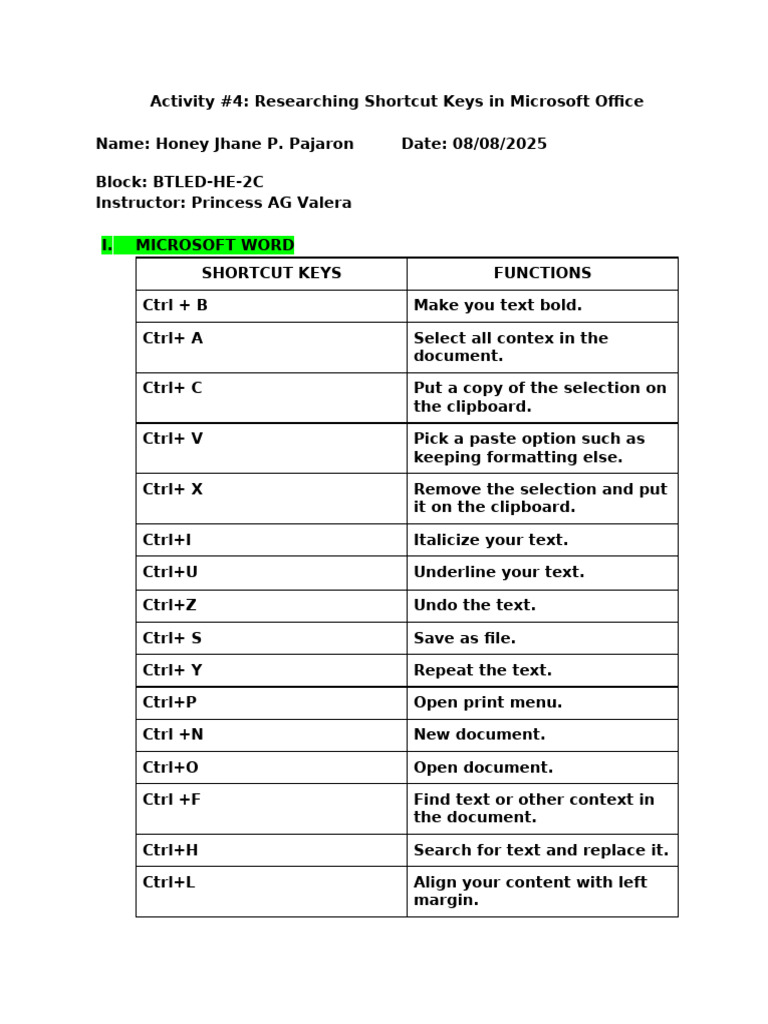 Microsoft Office Shortcut Keys Guide | PDF | Computing | Text