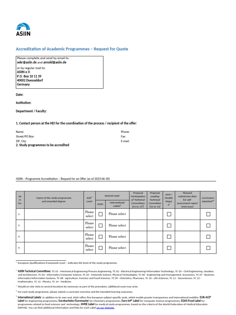 ASIIN Accreditation Request Form | PDF | Academic Degree | Evaluation