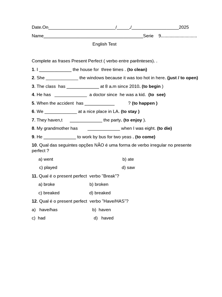 English Present Perfect Test Exercise | PDF