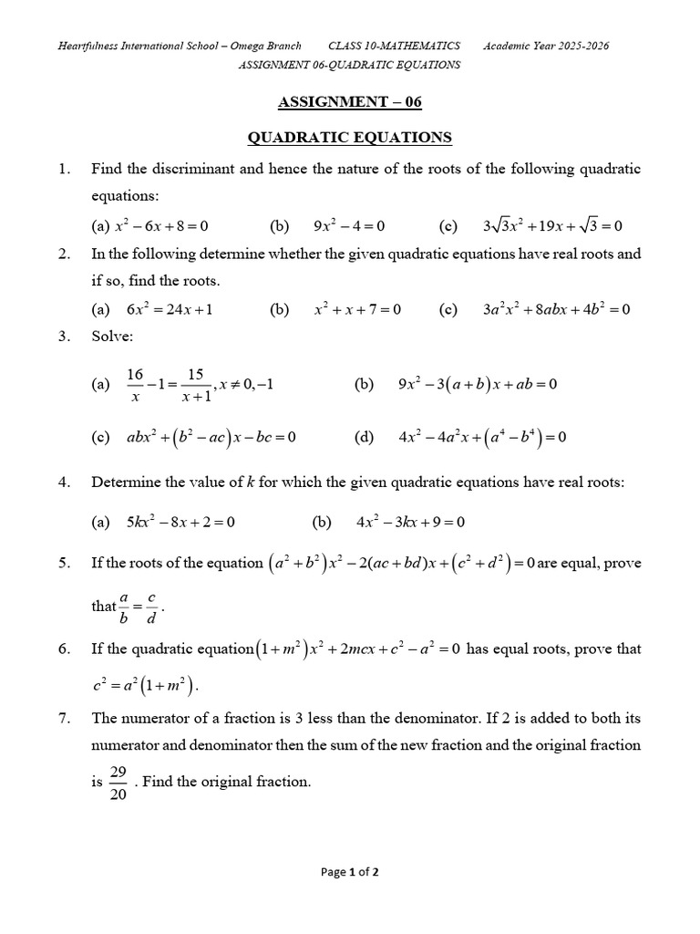 Class 10 Quadratic Equations Assignment | PDF | Quadratic Equation ...