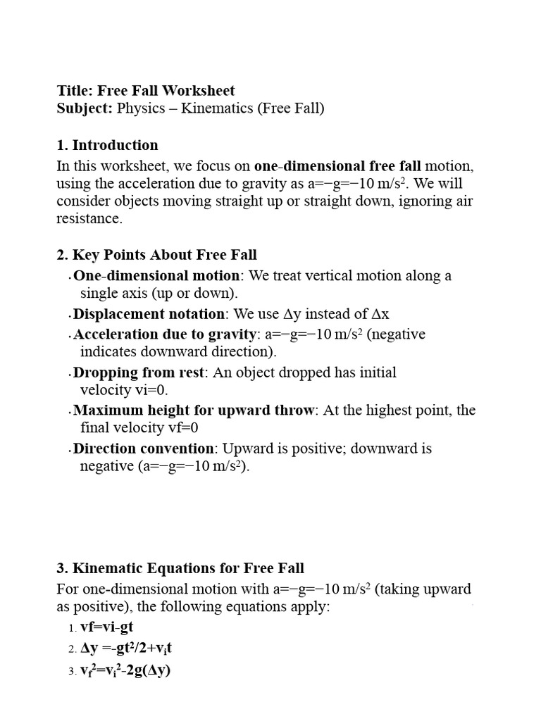 Free Fall Kinematics Worksheet | PDF | Acceleration | Kinematics