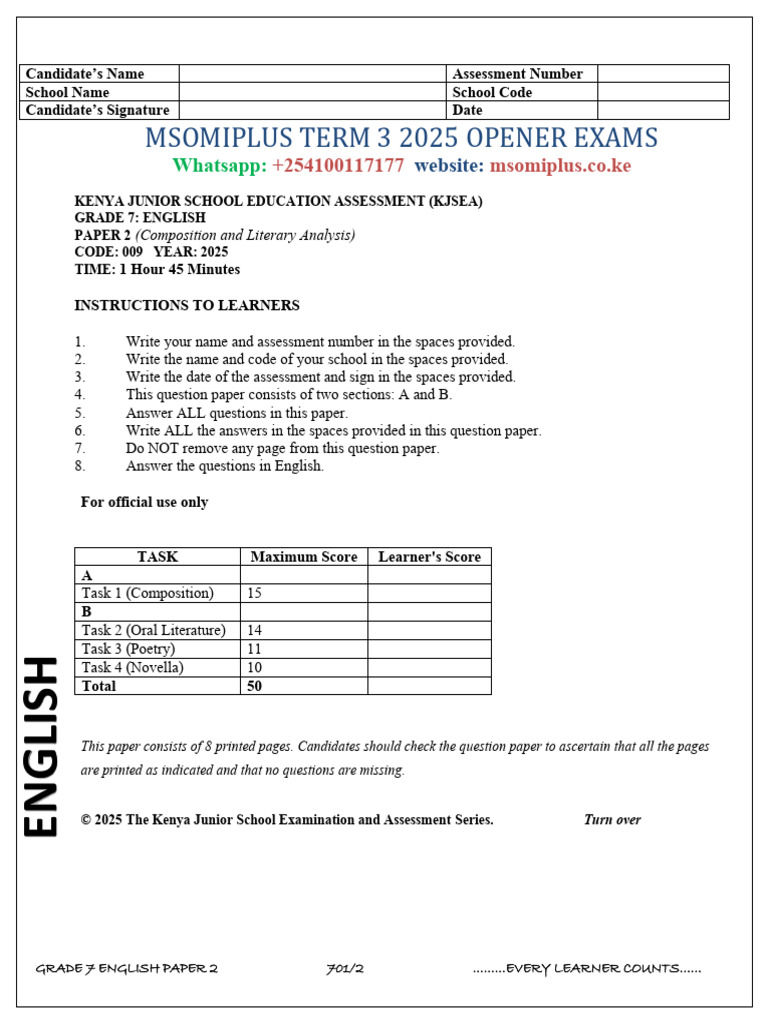 Grade 7 English Paper 2 Term 3 2025 | PDF