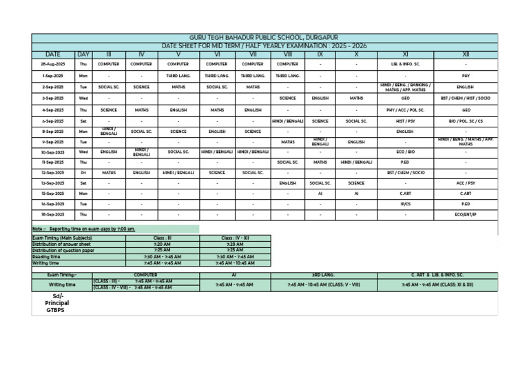 Revised Date Sheet For Mid Term Exam 2025 - 2026-1 | PDF