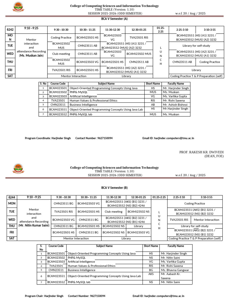 BCA V Semester Timetable 2025-2026 | PDF | Object (Computer Science ...