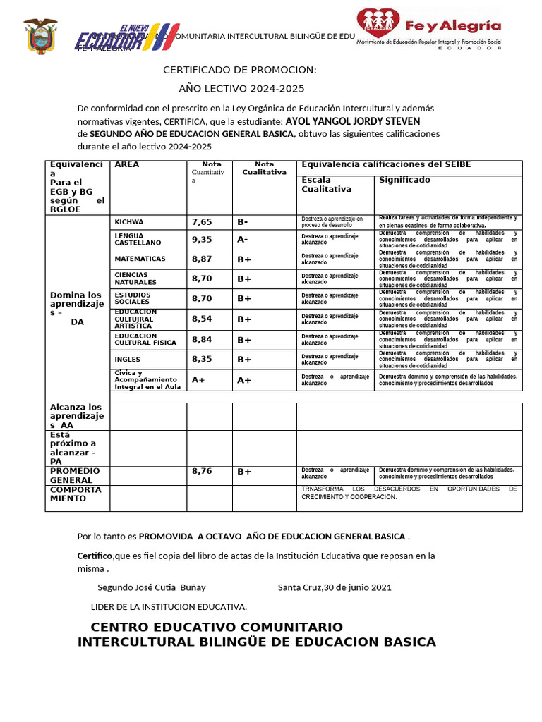 Certificado de Promoción EGB 2024-2025 | PDF | Educación primaria ...