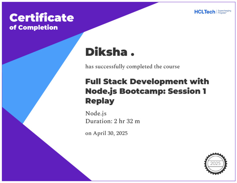 Node.js Bootcamp Completion Certificate | PDF