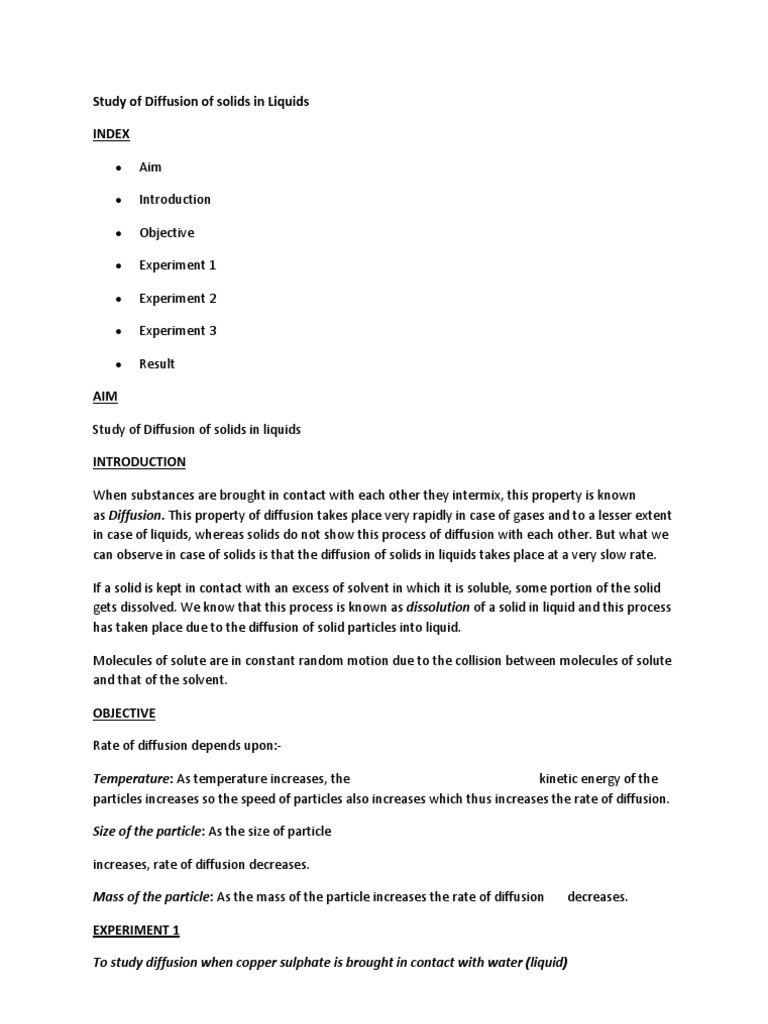Diffusion of Solids in Liquids Study | PDF | Solution | Dissolution ...