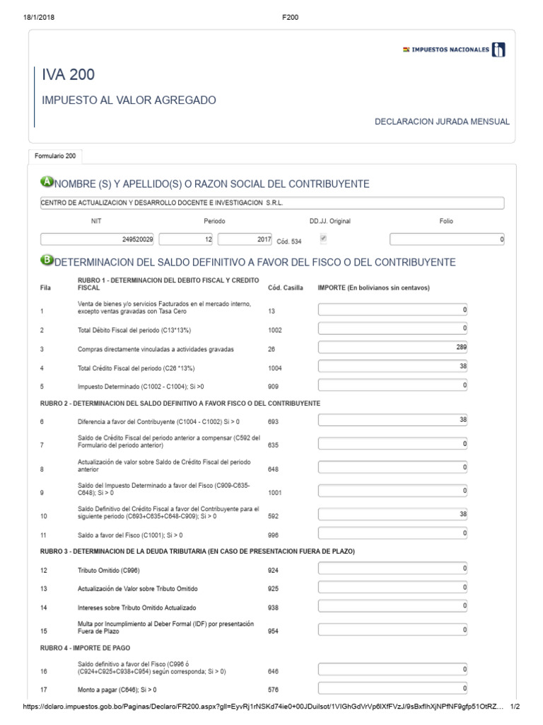 Declaración IVA 200 Bolivia 2017 | PDF | Impuestos | Impuesto al valor ...