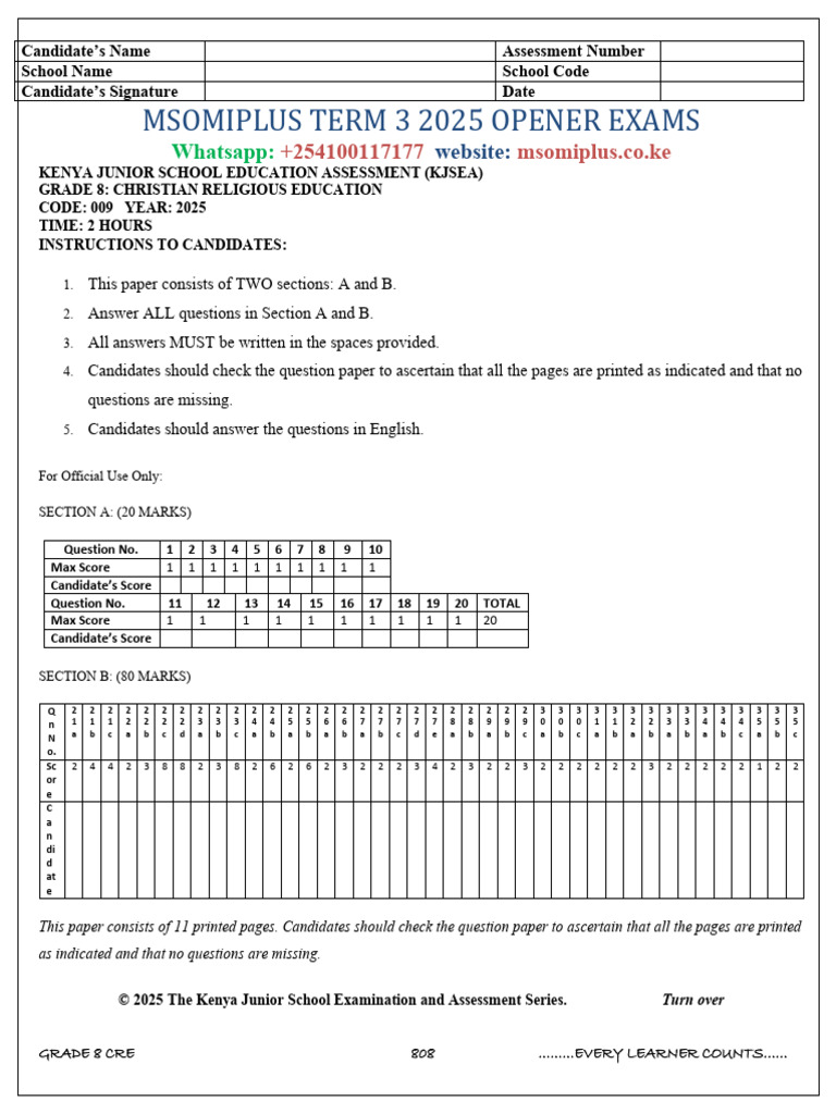 Grade 8 CRE Term 3 Exam 2025 | PDF | The Exodus | Book Of Exodus