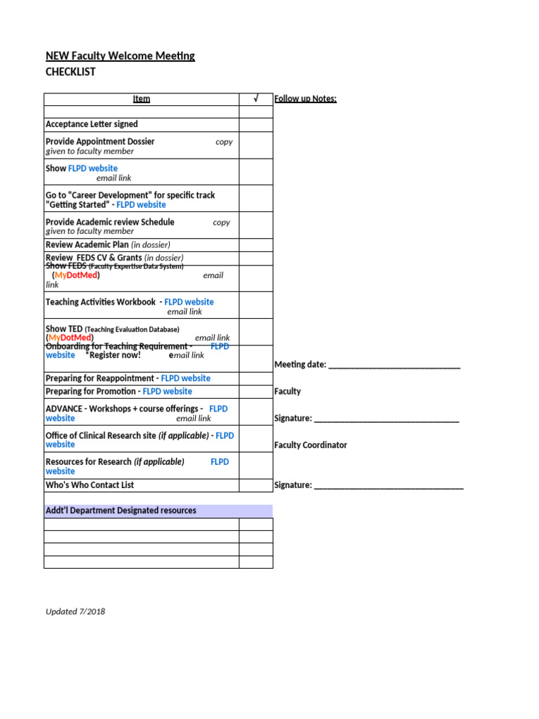 New Faculty Welcome Meeting Checklist | PDF