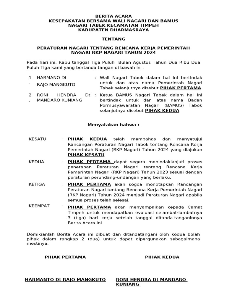 Kesepakatan RKP Nagari 2024 Tabek | PDF