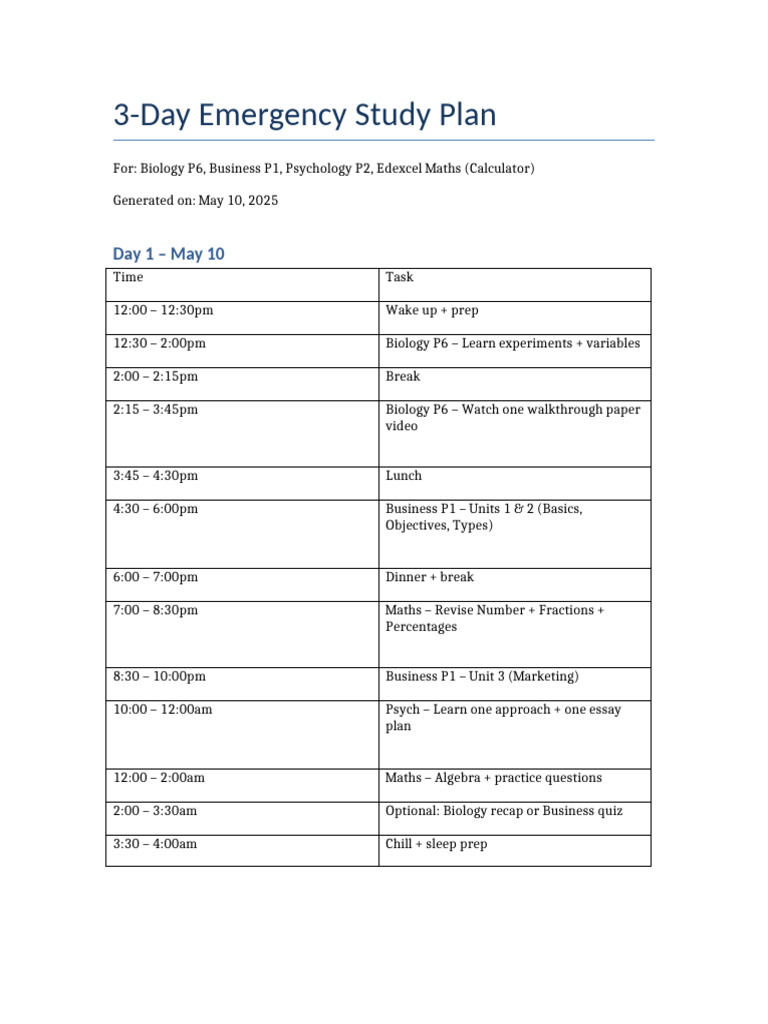 3-Day Study Plan for Edexcel Exams | PDF | Mathematics