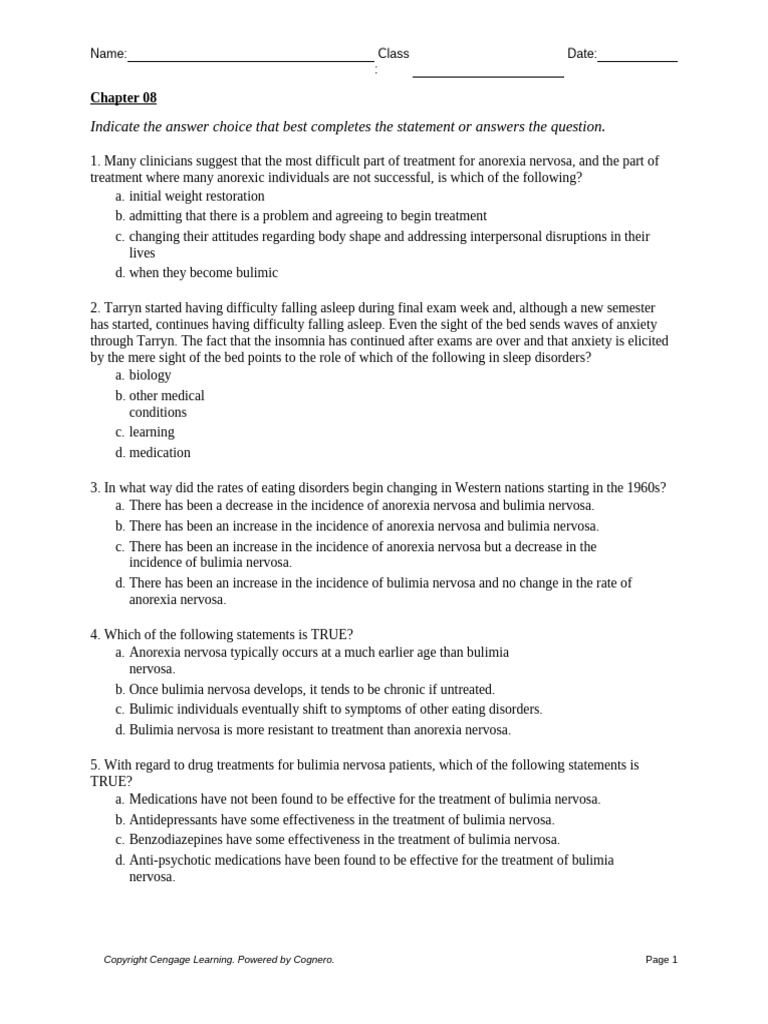 Chapter - 08 Practice Questions | PDF | Bulimia Nervosa | Anorexia Nervosa