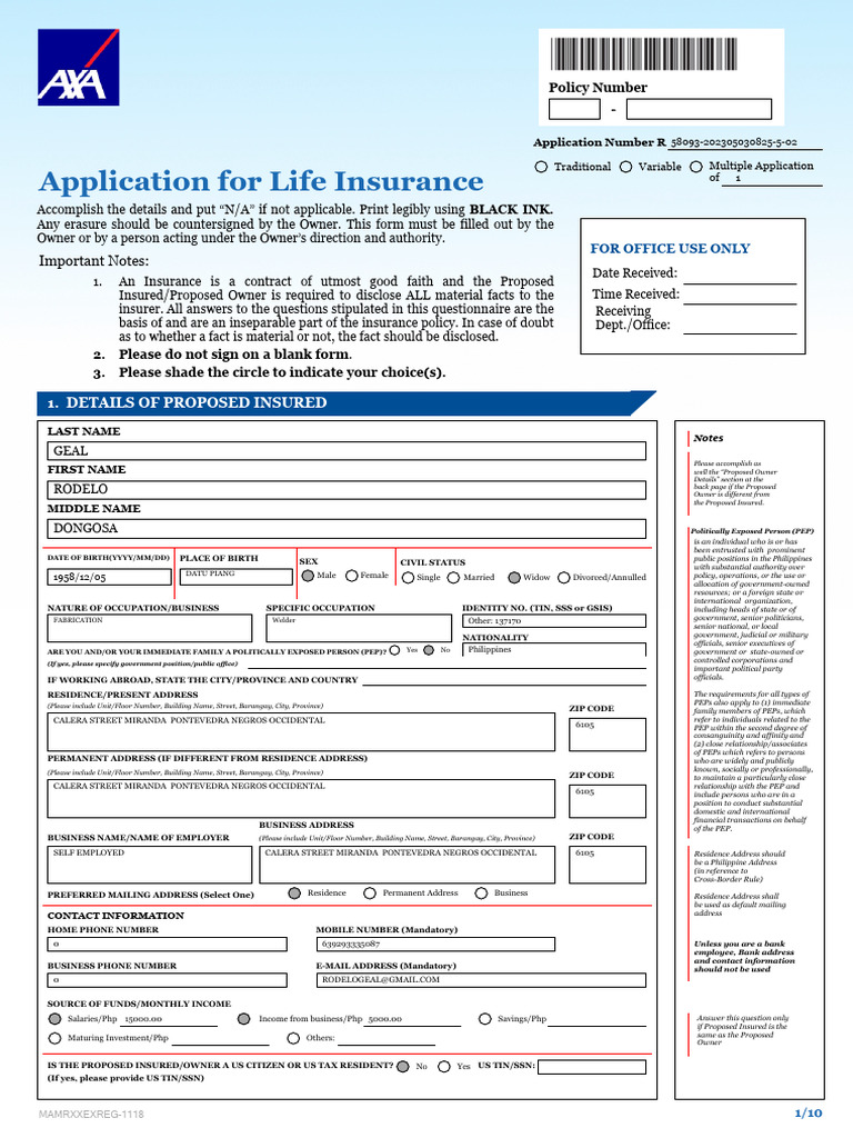 Application For Life Insurance: Important Notes | PDF | Life Insurance ...