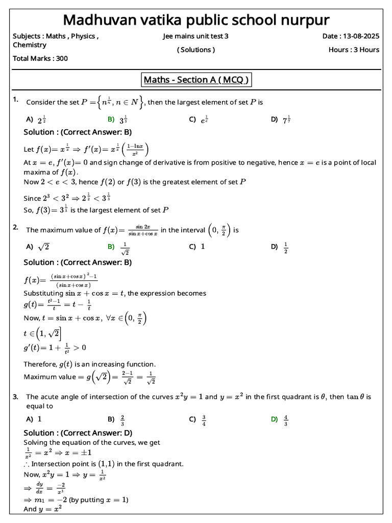 JEE Mains Unit Test 3 Solutions | PDF | Function (Mathematics ...