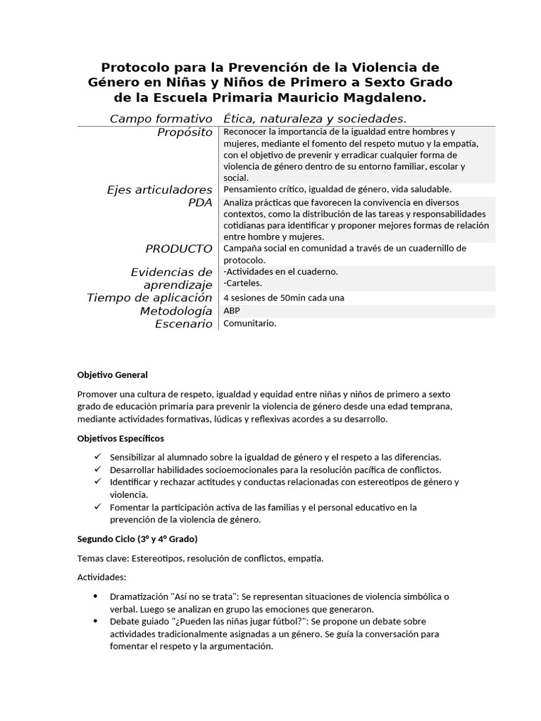 Protocolo para La Prevención de La Violencia de Género en Niñas y Niños ...