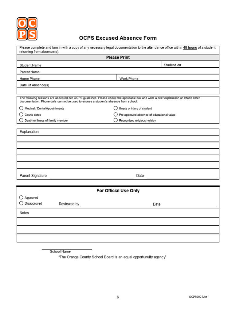 OCPS Excused Absence Submission Form | PDF
