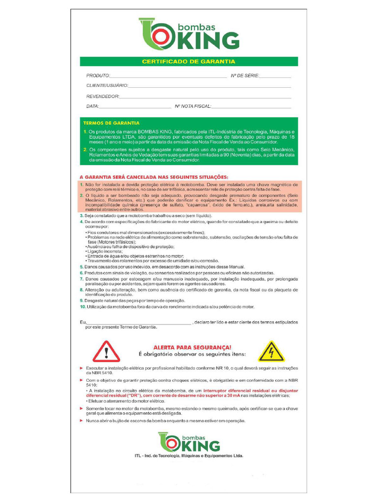 Certificado Garantia e Manual Instruções Bombas King | PDF