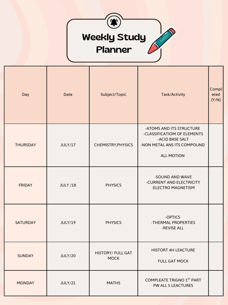 Pink Retro Weekly Study Planner A4 Document | PDF