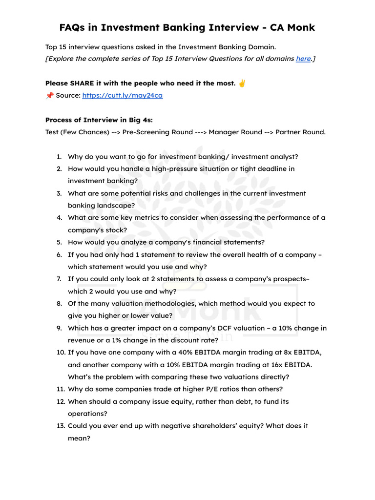 Top 15 Investment Banking Interview FAQs | PDF | Investing | Valuation ...