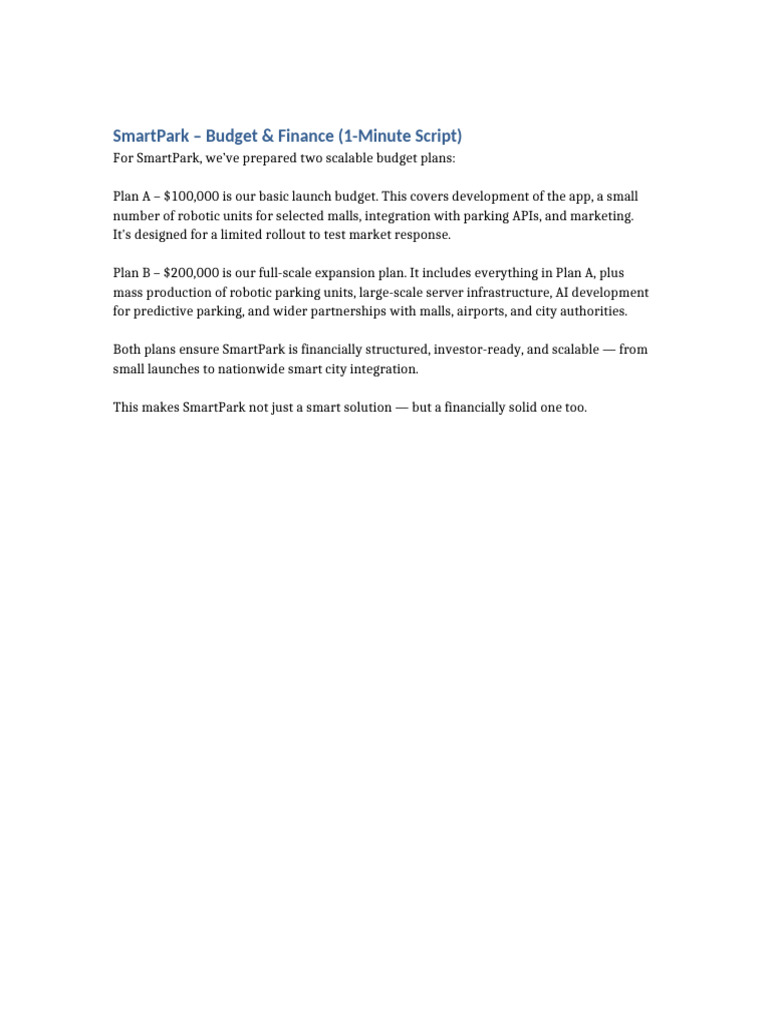 SmartPark Budget Plans for Investors | PDF