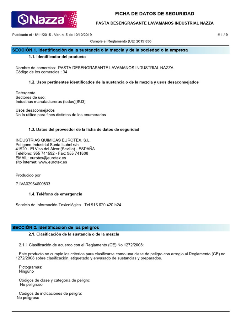 Ficha de Seguridad Pasta Desengrasante NAZZA | PDF | Seguridad y salud ...