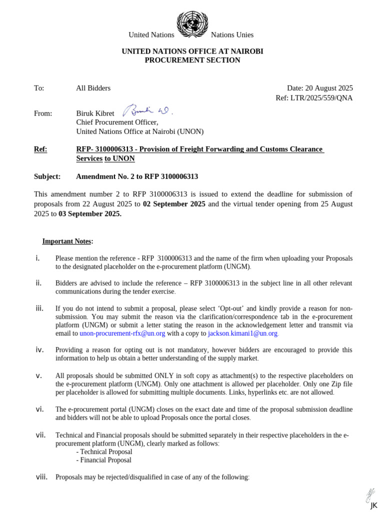 UNON RFP 3100006313 Amendment Notice | PDF | Request For Proposal