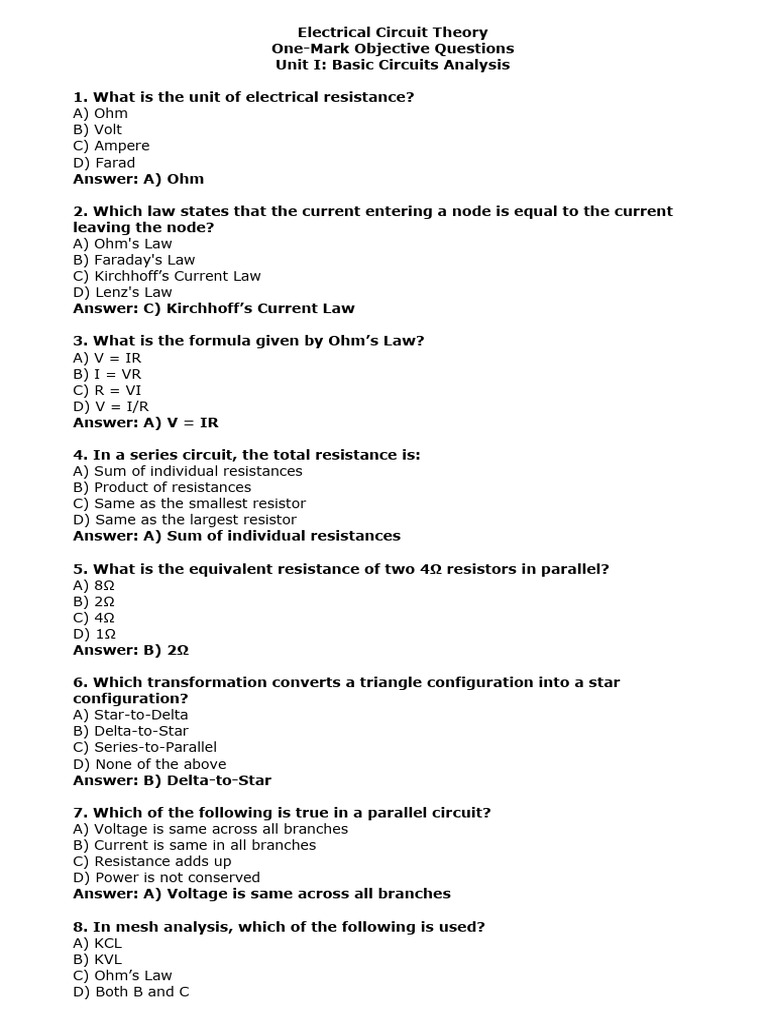 Electrical Circuit Theory MCQs | PDF | Series And Parallel Circuits ...