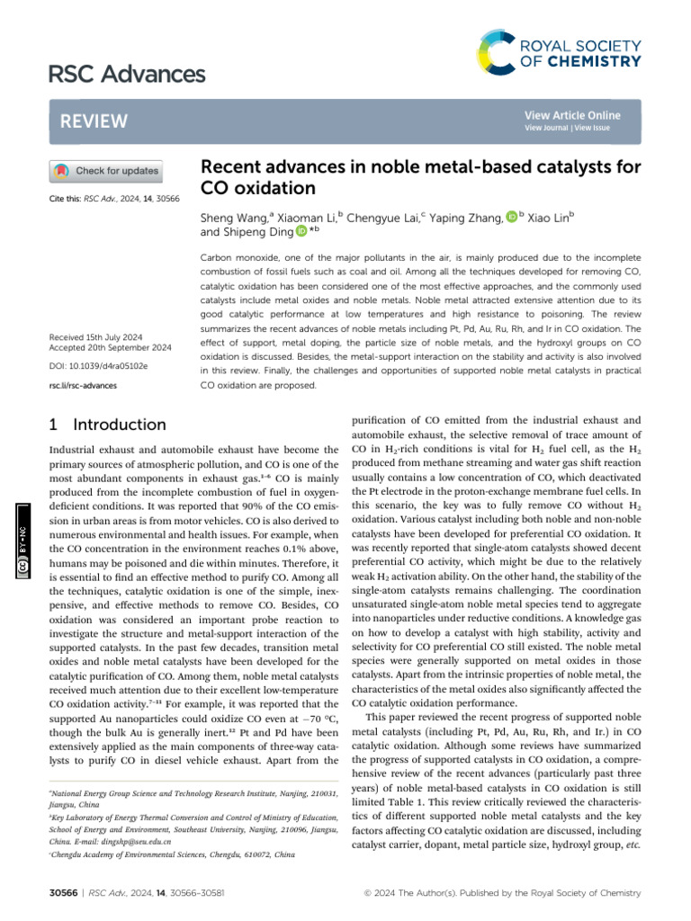 Advances in Noble Metal Catalysts for CO Oxidation | PDF | Catalysis ...