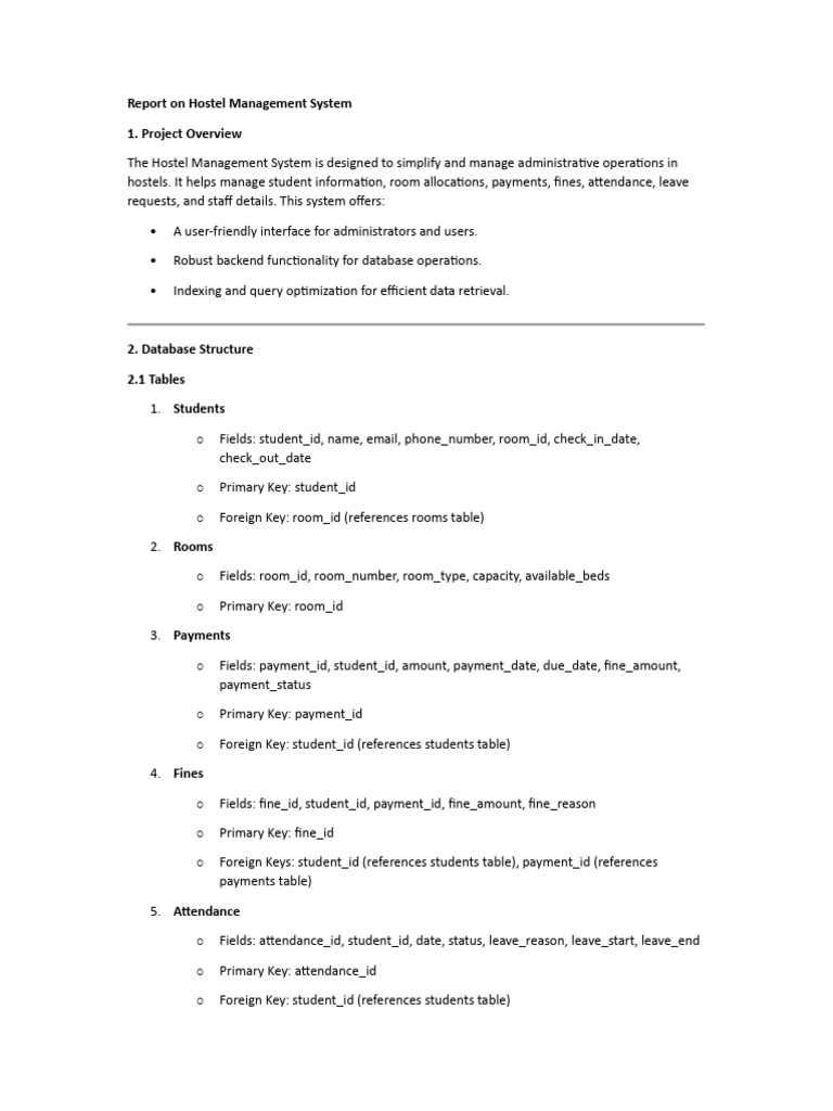 Hostel Management System Overview | PDF | Database Index | Databases