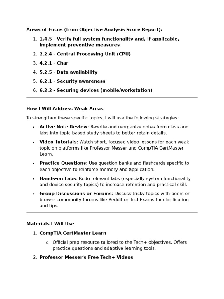 Study Plan for CompTIA Tech+ Exam | PDF | Computing | Learning