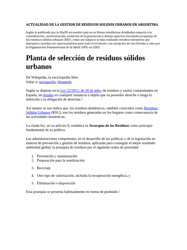 Actualidad de La Gestion de Residuos Solidos Urbanos en Argentina | PDF