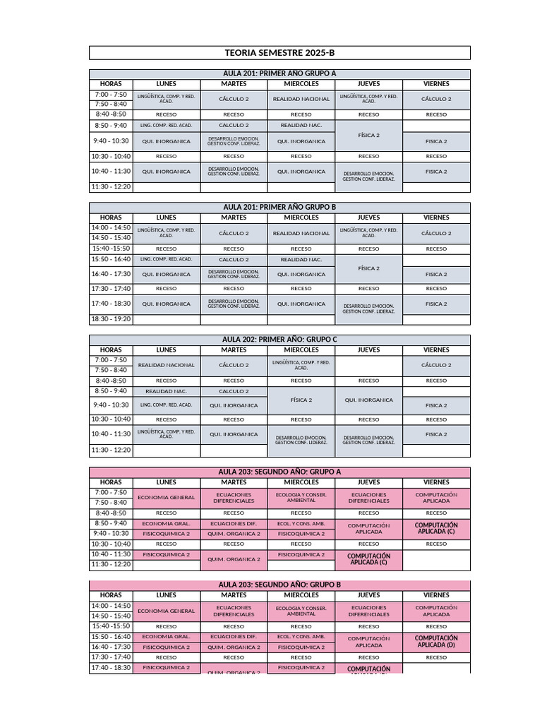Horario Clases 2025-B Primer a Cuarto Año | PDF | Ingeniería de Procesos