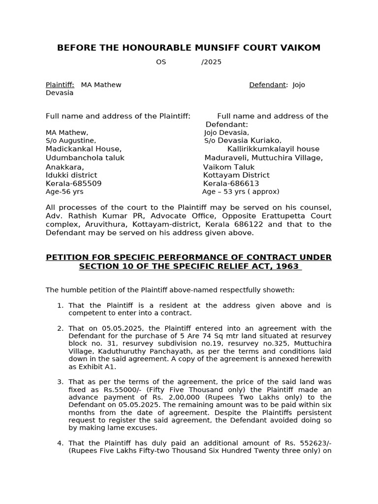 Specific Performance Petition: MA Mathew | PDF | Lawsuit | Legal Remedy
