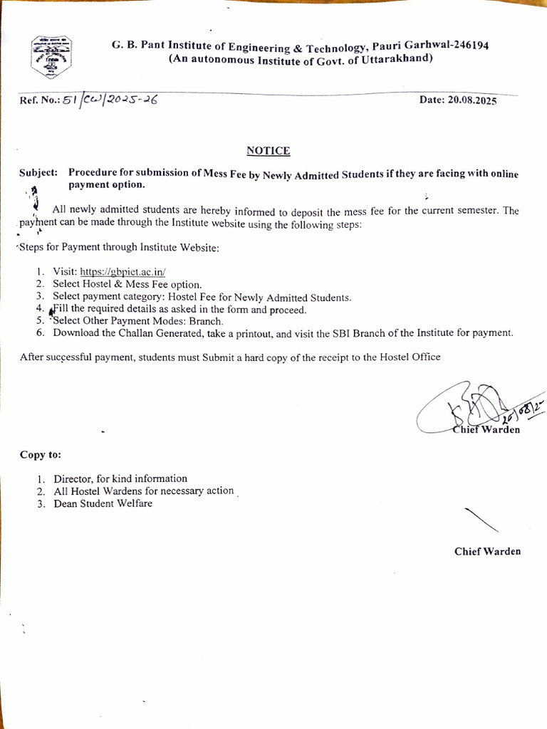 Mess Fee Payment Guide for New Students | PDF