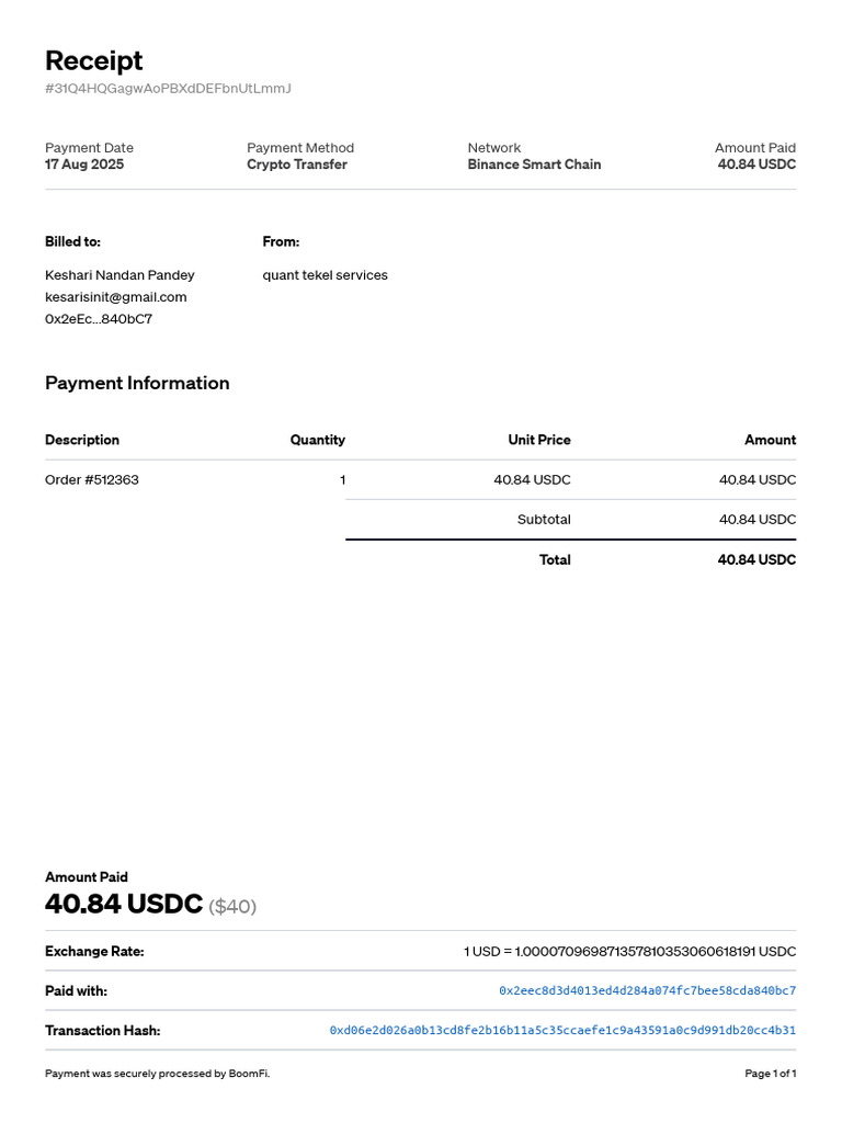 Crypto Payment Receipt for USDC Transaction | PDF