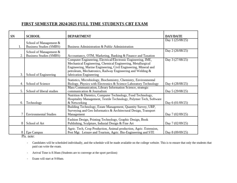 2025 CBT Exam Schedule for Students | PDF | Engineering