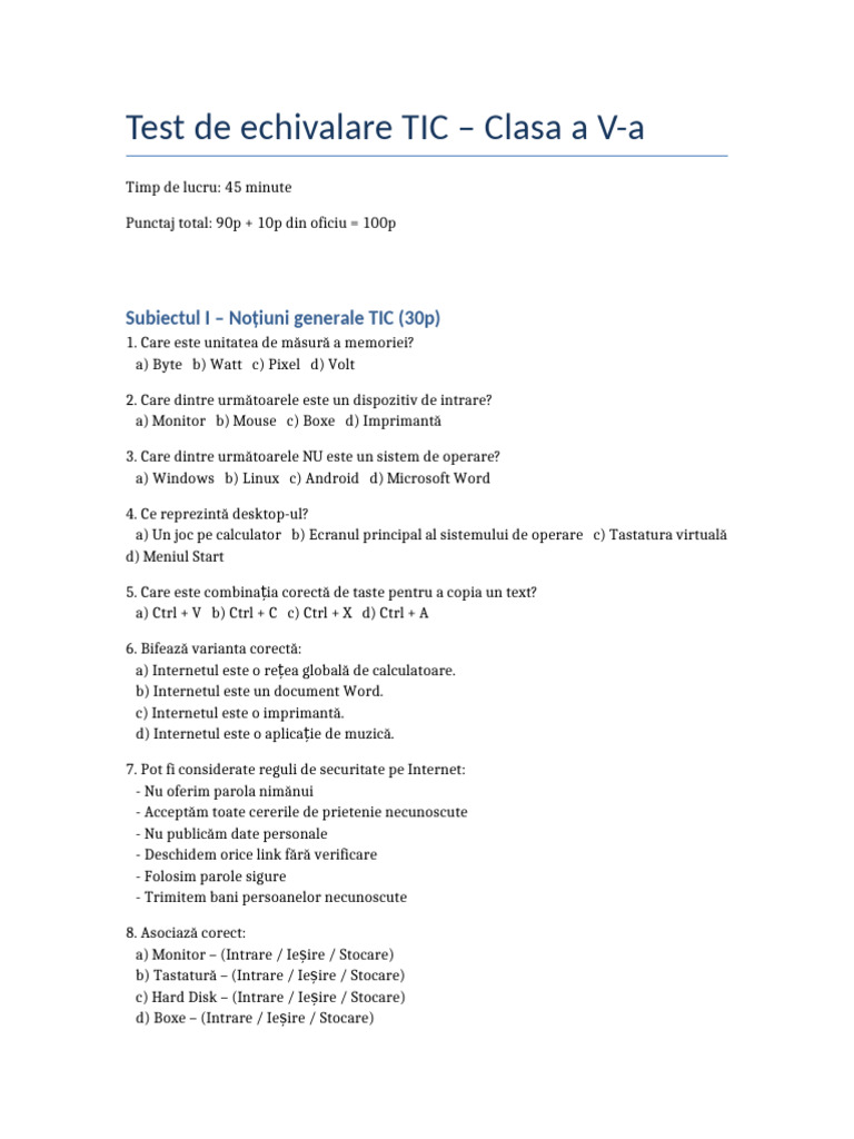 Test TIC Clasa V | PDF