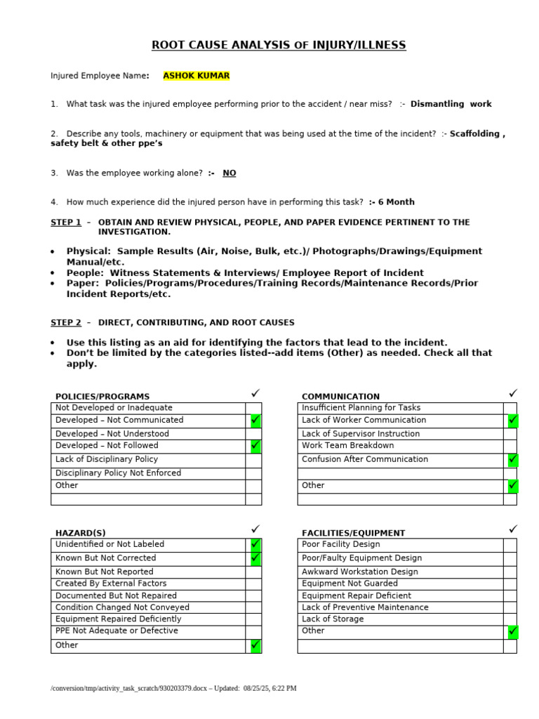 Root Cause Analysis of Workplace Injury | PDF | Personal Protective ...