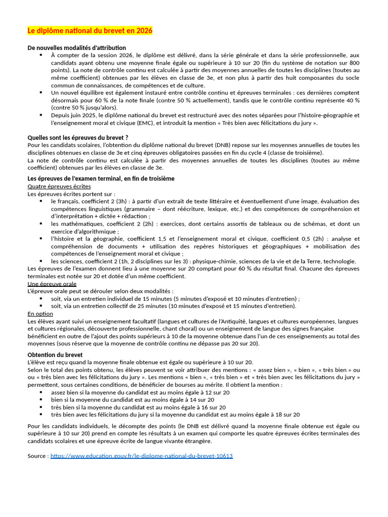 Modalités du DNB 2026 : Nouveautés et Épreuves | PDF