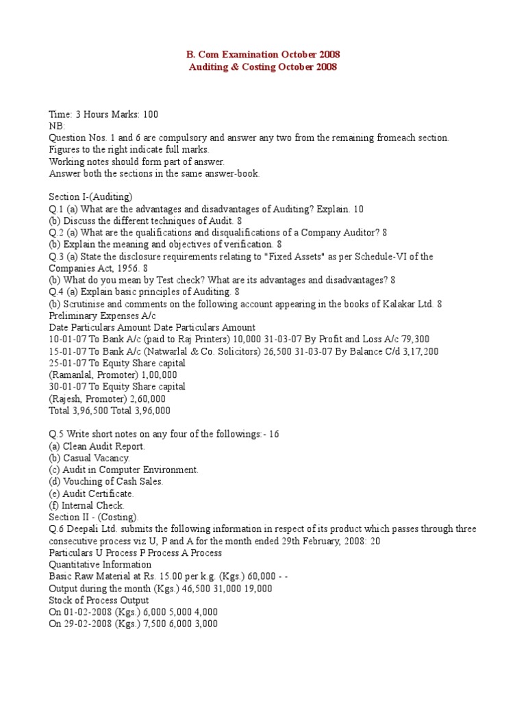 B. Com Exam: Auditing & Costing | PDF | Business Economics | Economies