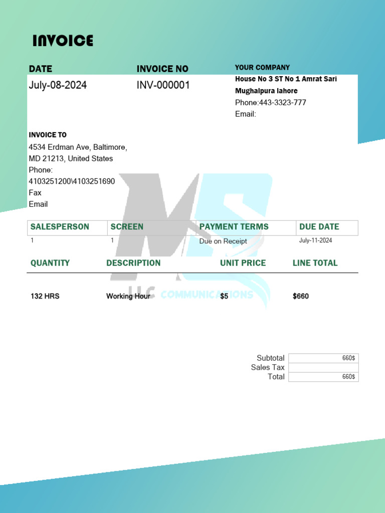 Invoice for Services Rendered - July 2024 | PDF
