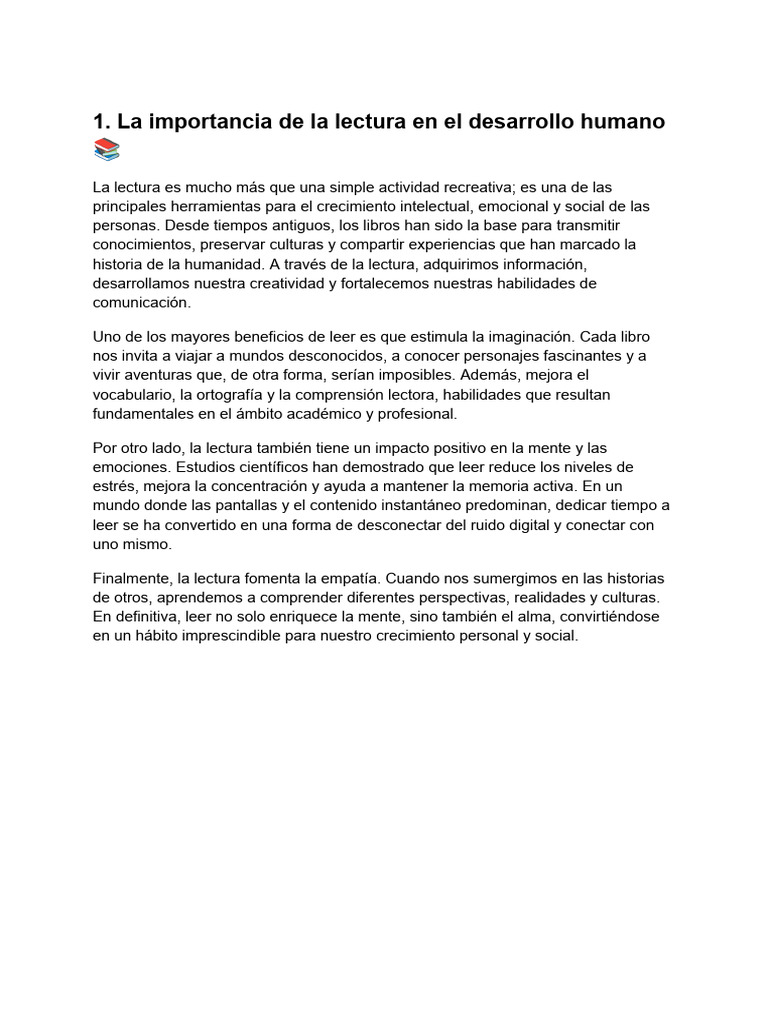 La Importancia de La Lectura en El Desarrollo Humano | PDF