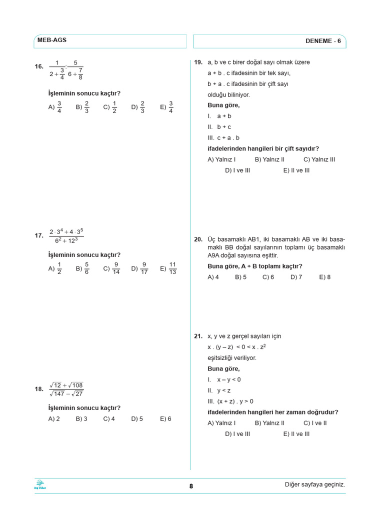 Meb-Ags Deneme 6 Mat | PDF